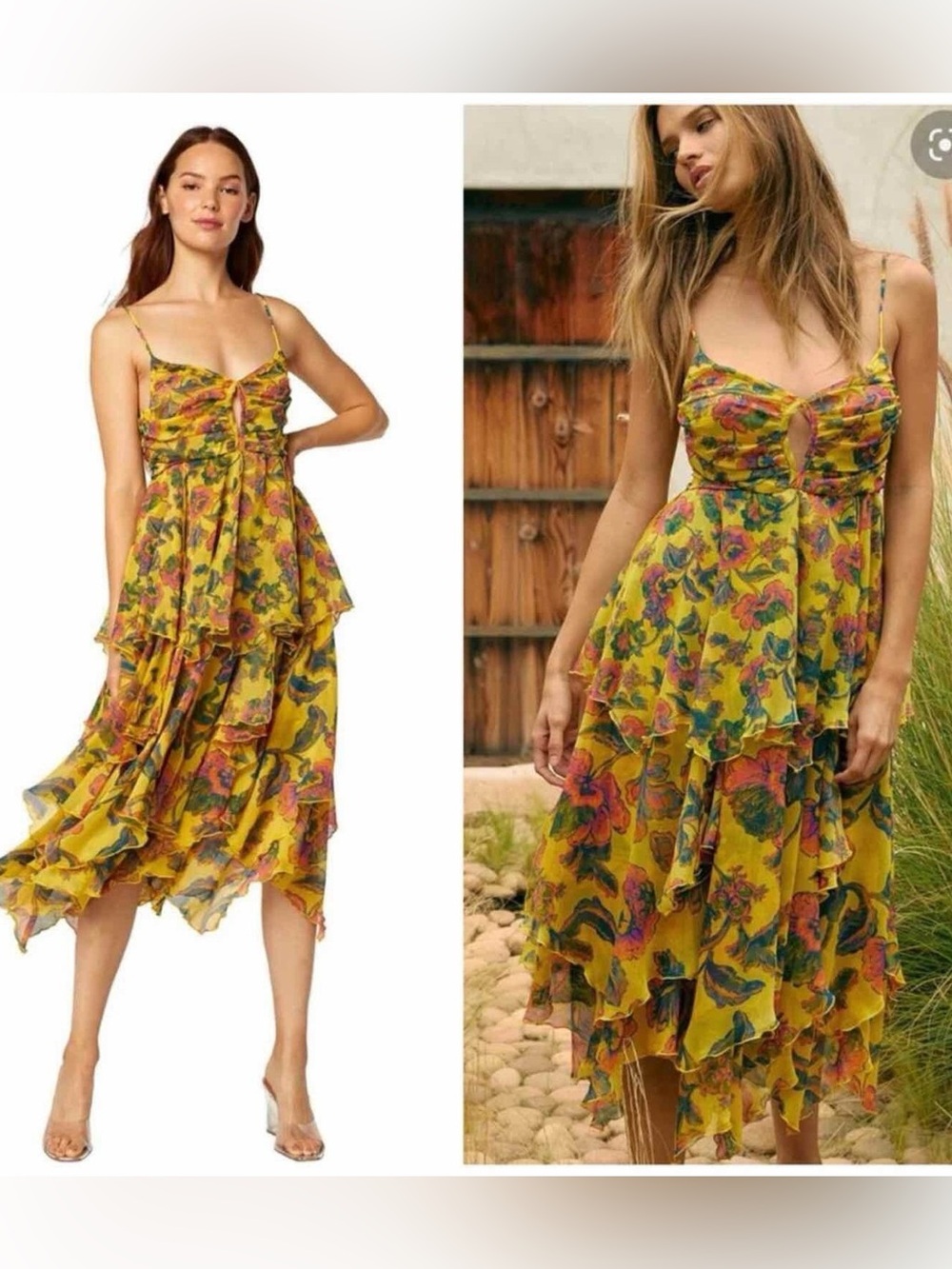 MISA Los Angeles Yellow Floral Tiered Ruffle Midi Dress Asymmetrical L Wedding
